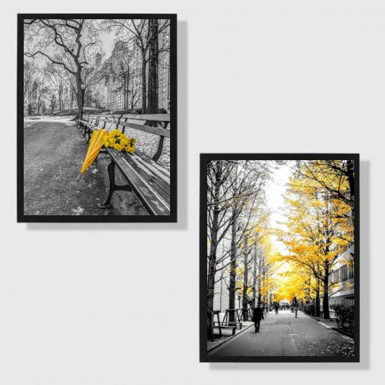 Imagem de Kit 2 Quadros Cidades Flores Amarelas 24x18cm - com vidro