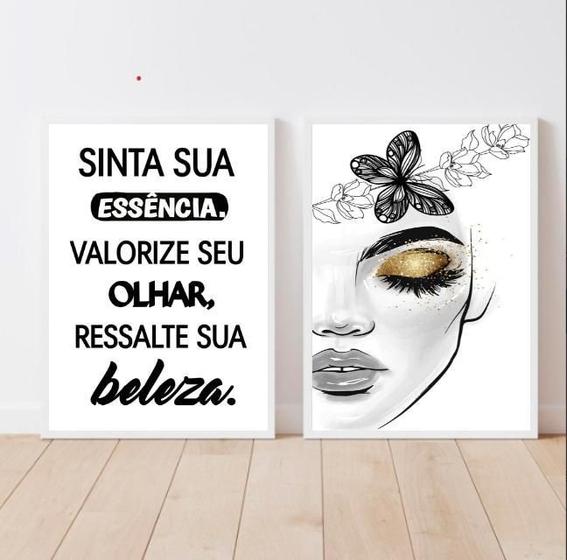 Imagem de Kit 2 Quadros Cílios Valorize Olhar 45x34cm Madeira Preta