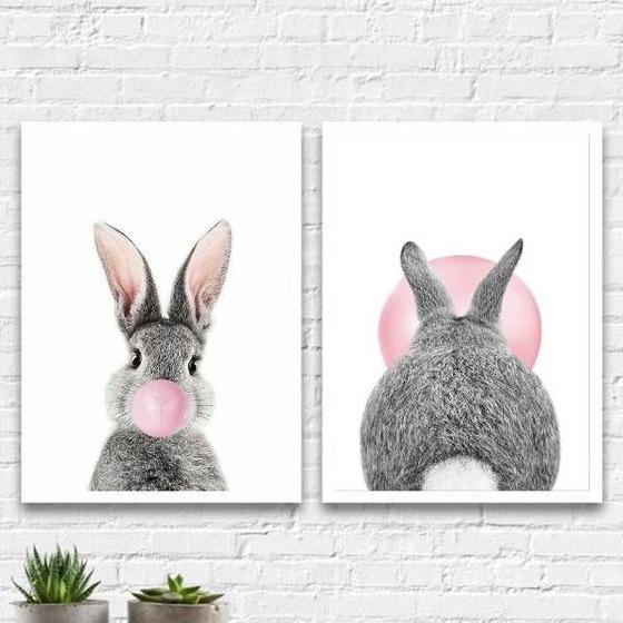 Imagem de Kit 2 Quadros Coelhos Bubble Gum 45x34cm - com vidro