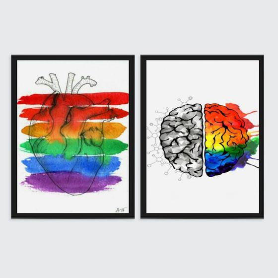 Imagem de Kit 2 Quadros Coração E Cérebro Gay 33x24cm - com vidro