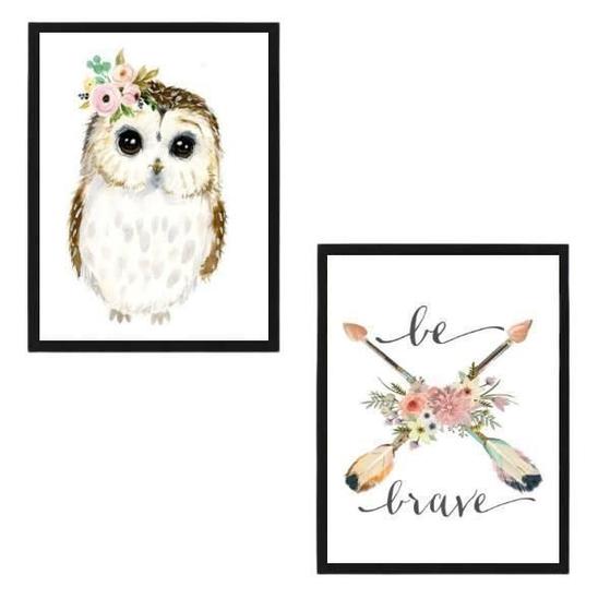 Imagem de Kit 2 Quadros Corujinha Be Brave 33X24Cm - Com Vidro
