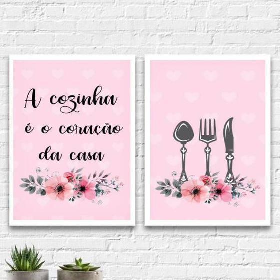Imagem de Kit 2 Quadros Cozinha Coração Da Casa Rosa 24x18cm - com vidro