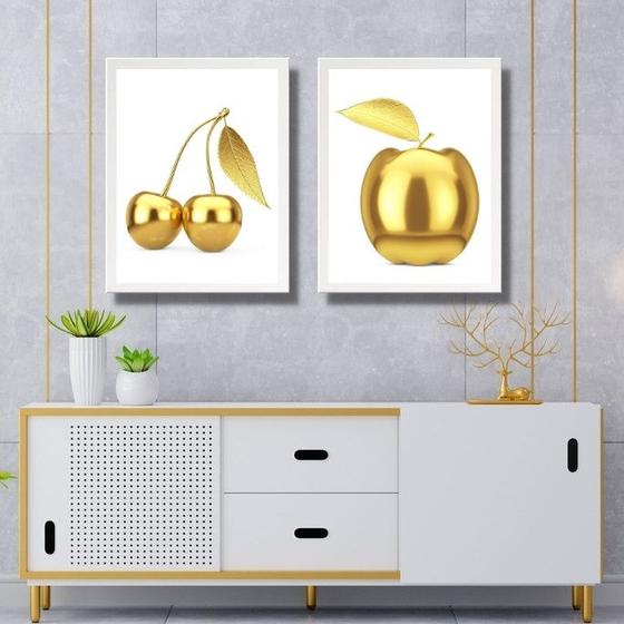 Imagem de Kit 2 Quadros Cozinha Frutas Douradas 33x24cm - com vidro