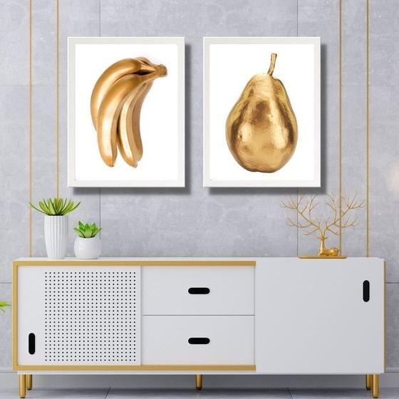 Imagem de Kit 2 Quadros Cozinha Frutas Ouro 33x24cm - com vidro