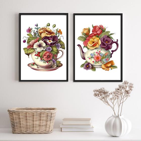 Imagem de Kit 2 Quadros Cozinha Vintage Café Com Flores 33x24cm - com vidro