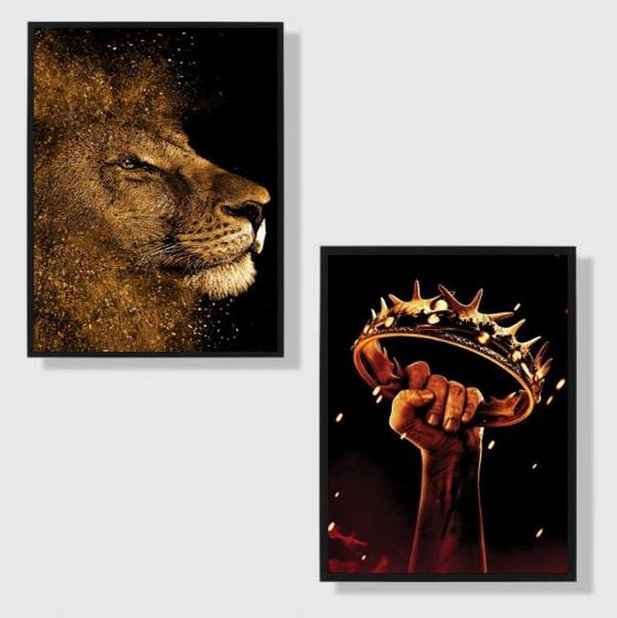 Imagem de Kit 2 Quadros Cristão Leão eCoroa 33x24cm - com vidro