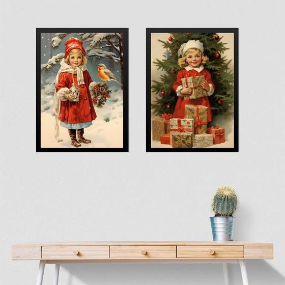 Imagem de Kit 2 Quadros De Natal - Menininha Vintage 33x24cm - com vidro