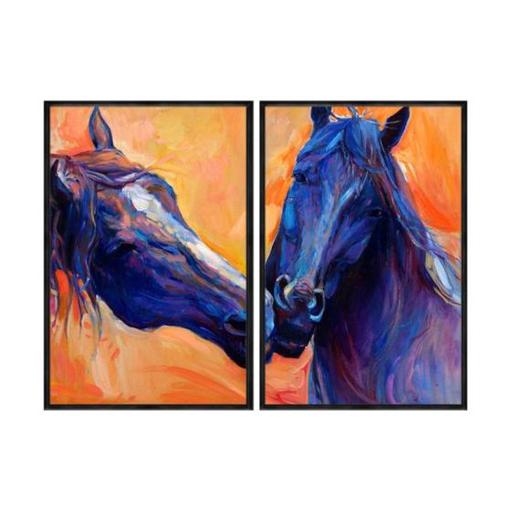 Imagem de Kit 2 quadros decorativos 40x60cm vidro cavalos pintura aquarela anm032