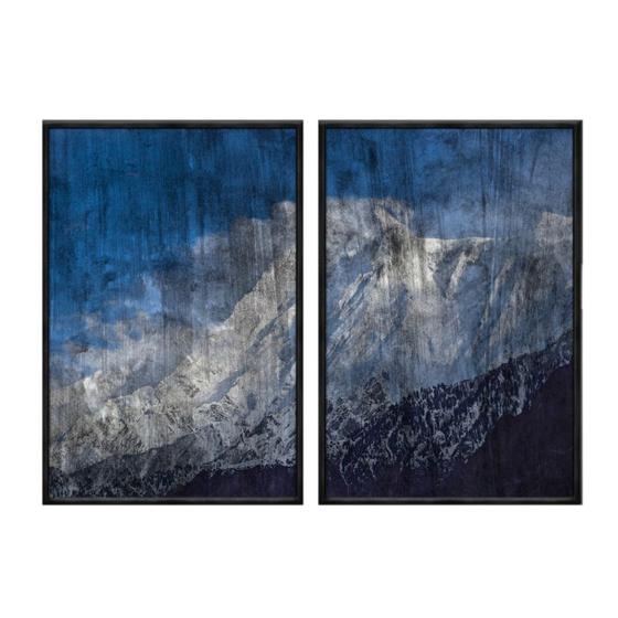 Imagem de Kit 2 quadros decorativos 60x80cm vidro abstrato montanha azul preto e branco abg010