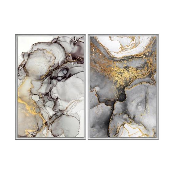 Imagem de Kit 2 quadros decorativos 60x80cm vidro marmore dourado ouro abstrato abg032