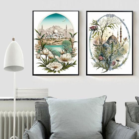 Imagem de Kit 2 Quadros Decorativos Aquarelas Muçulmanas 33x24cm - com vidro