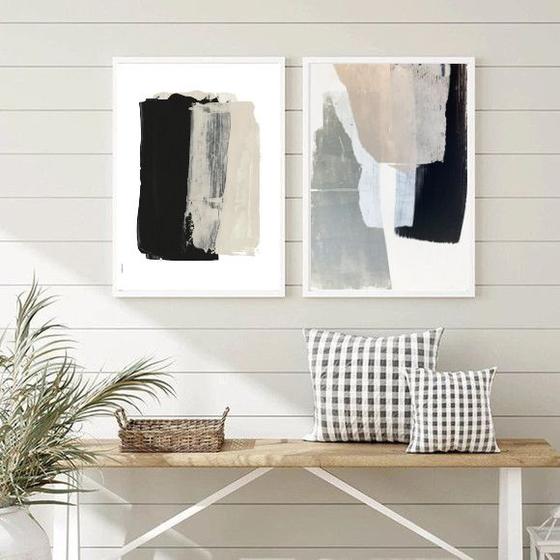 Imagem de Kit 2 Quadros Decorativos Arte Abstrata- Preto Cinza E Bege 33x24cm - com vidro