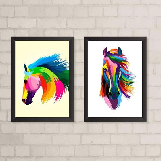 Imagem de Kit 2 Quadros Decorativos Arte Cavalos Coloridos 45x34cm - com vidro