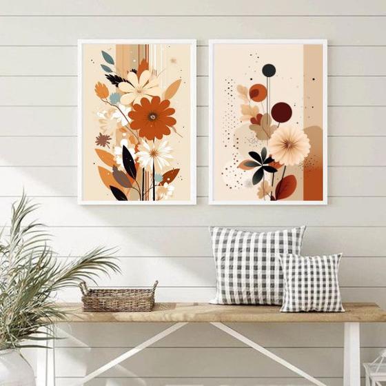 Imagem de Kit 2 Quadros Decorativos Boho Flores Terracota 45x34cm - com vidro