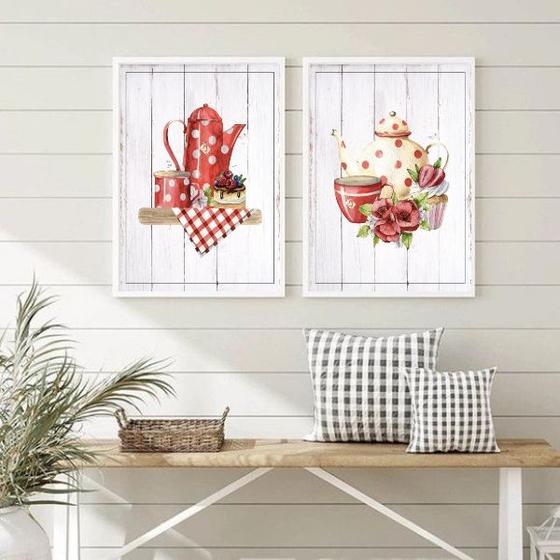 Imagem de Kit 2 Quadros Decorativos Chá E Café Poá Vintage 24x18cm - com vidro
