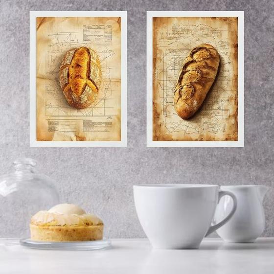 Imagem de Kit 2 Quadros Decorativos Cozinha Pães Vintage 33x24cm - com vidro