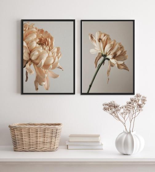 Imagem de Kit 2 Quadros Decorativos Florais Bege E Cinza 33x24cm - com vidro