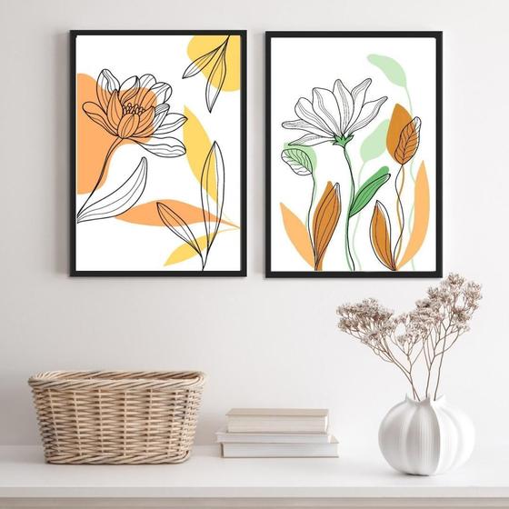 Imagem de Kit 2 Quadros Decorativos Flores Aquarela 45x34cm Branco