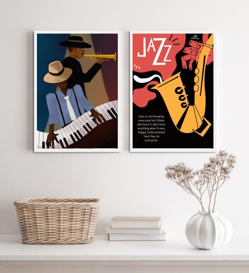 Imagem de Kit 2 Quadros Decorativos Jazz Cartaz Poster 45x34cm - com vidro