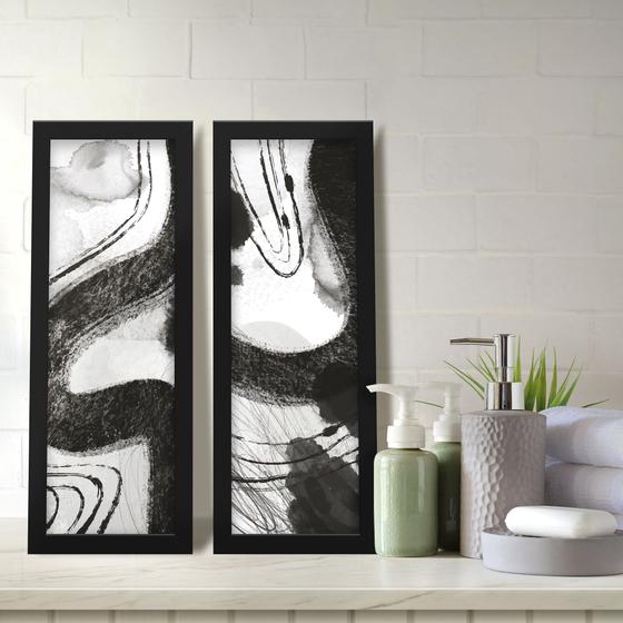Imagem de Kit 2 Quadros Decorativos Lavabo Abstrato Moderno Preto Branco Pinceladas