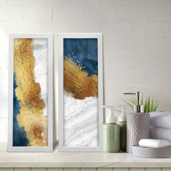 Imagem de Kit 2 Quadros Decorativos Lavabo Abstrato Pincelada Branco Azul Dourado