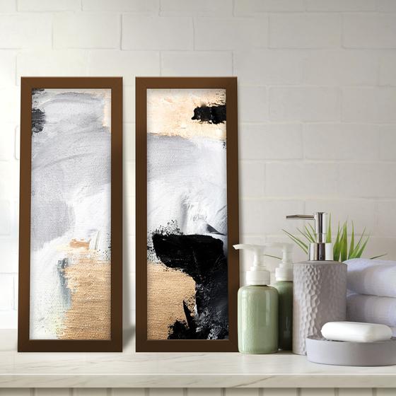 Imagem de Kit 2 Quadros Decorativos Lavabo Abstrato Pinceladas Dourado Branco Cinza Preto