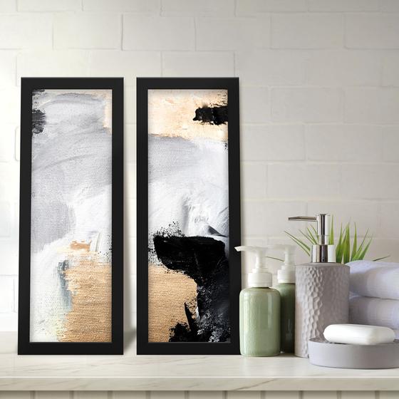 Imagem de Kit 2 Quadros Decorativos Lavabo Abstrato Pinceladas Dourado Branco Cinza Preto