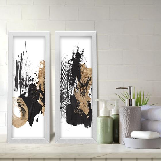 Imagem de Kit 2 Quadros Decorativos Lavabo Abstrato Pinceladas Moderno Preto Dourado