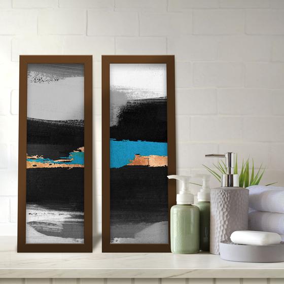 Imagem de Kit 2 Quadros Decorativos Lavabo Abstrato Pintura Pinceladas Preto Cinza Azul