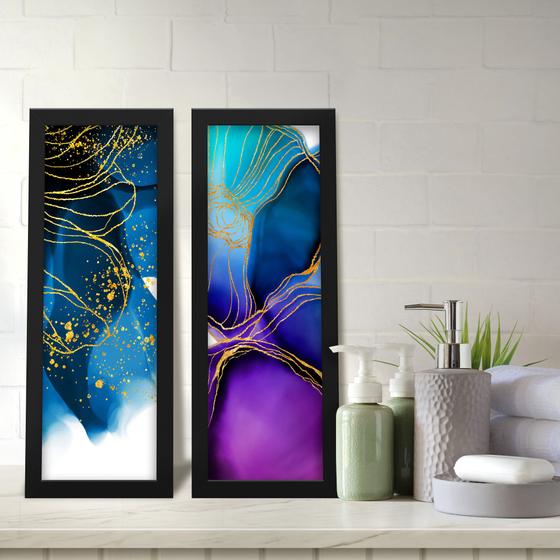 Imagem de Kit 2 Quadros Decorativos Lavabo Aquarela Azul Roxo Floral Lineart Dourado