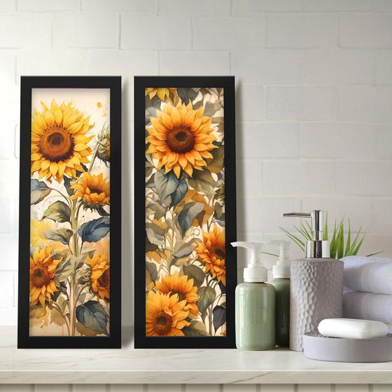 Imagem de Kit 2 Quadros Decorativos Lavabo Aquarela Girassol Floral Flores