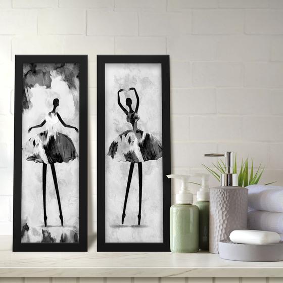 Imagem de Kit 2 Quadros Decorativos Lavabo Bailarina Preto e Branco Aquarela Elegante