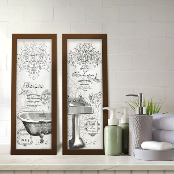 Imagem de Kit 2 Quadros Decorativos Lavabo Banheira Branco Provençal Arabesco Cinza Flor