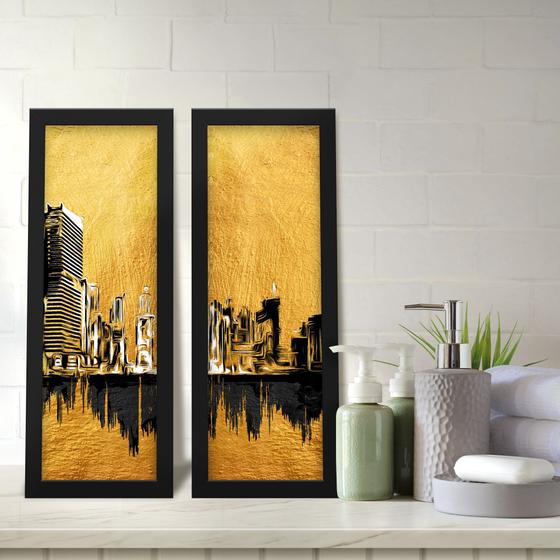 Imagem de Kit 2 Quadros Decorativos Lavabo Cidade Dourado e Preto Moderno Elegante