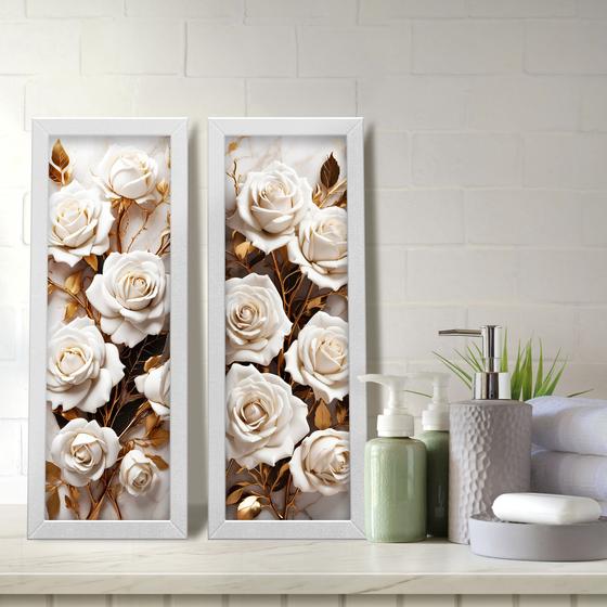 Imagem de Kit 2 Quadros Decorativos Lavabo Floral Flor Rosa Branco Dourado