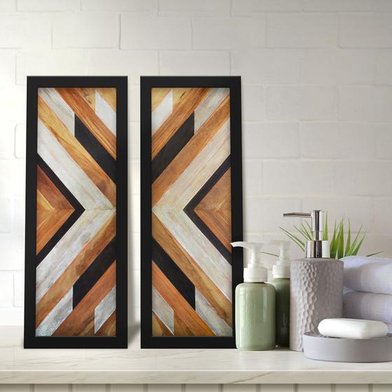 Imagem de Kit 2 Quadros Decorativos Lavabo Madeira Chevron Madeira Laranja Moderno Abstrato