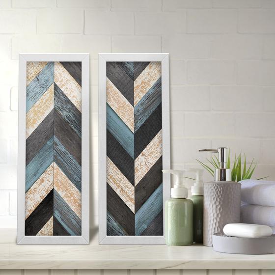 Imagem de Kit 2 Quadros Decorativos Lavabo Madeira Chevron Preto Azul Ripas