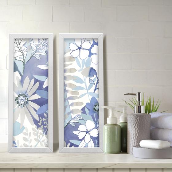 Imagem de Kit 2 Quadros Decorativos Lavabo Margarida Floral Azul Branco Aquarela