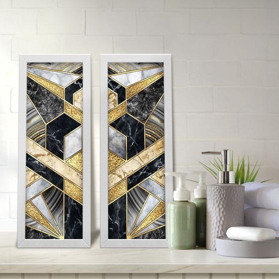 Imagem de Kit 2 Quadros Decorativos Lavabo Mármore Abstrato Dourado Preto Geométrico