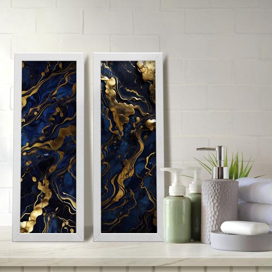 Imagem de Kit 2 Quadros Decorativos Lavabo Mármore Marmorizado Azul Dourado Moderno Elegante