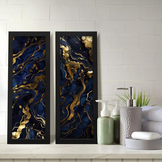 Imagem de Kit 2 Quadros Decorativos Lavabo Mármore Marmorizado Azul Dourado Moderno Elegante