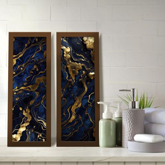 Imagem de Kit 2 Quadros Decorativos Lavabo Mármore Marmorizado Azul Dourado Moderno Elegante