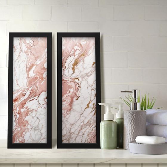 Imagem de Kit 2 Quadros Decorativos Lavabo Mármore Marmorizado Branco Rosa Tabaco Rose Gold Dourado