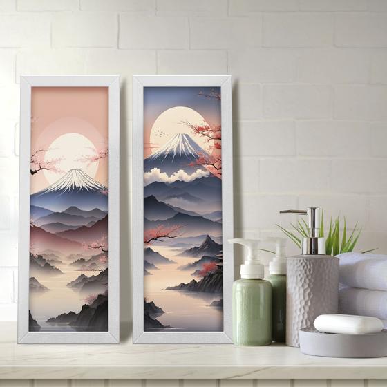 Imagem de Kit 2 Quadros Decorativos Lavabo Monte Fuji Montanha Pôr do Sol Oriental