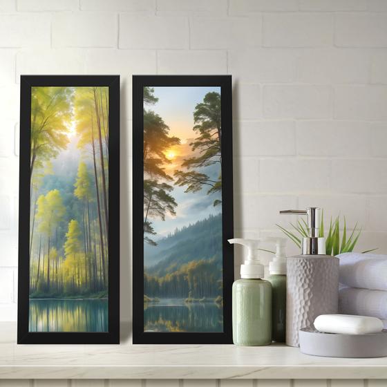 Imagem de Kit 2 Quadros Decorativos Lavabo Paisagem Lago Pôr do Sol Árvore Natureza