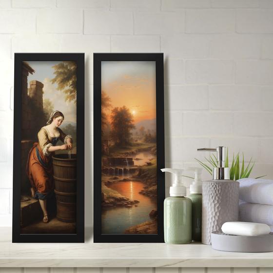 Imagem de Kit 2 Quadros Decorativos Lavabo Pintura Barroco Pôr do Sol Paisagem Rio