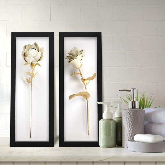 Imagem de Kit 2 Quadros Decorativos Lavabo Rosa Peônia Efeito 3D Branco Dourado