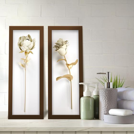 Imagem de Kit 2 Quadros Decorativos Lavabo Rosa Peônia Efeito 3D Branco Dourado
