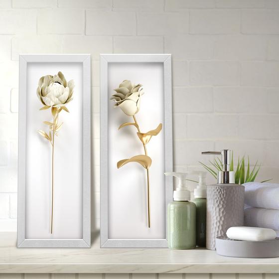 Imagem de Kit 2 Quadros Decorativos Lavabo Rosa Peônia Efeito 3D Branco Dourado