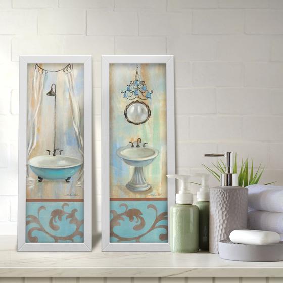 Imagem de Kit 2 Quadros Decorativos Lavabo Turquesa  Banheiro Banheira Vintage Arabesco Provençal